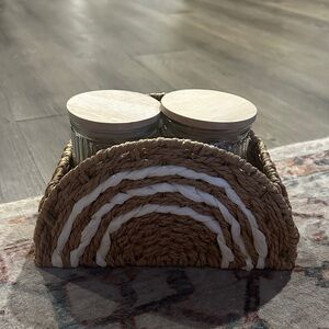 Woven Basket with Glass Jars - Brown and White